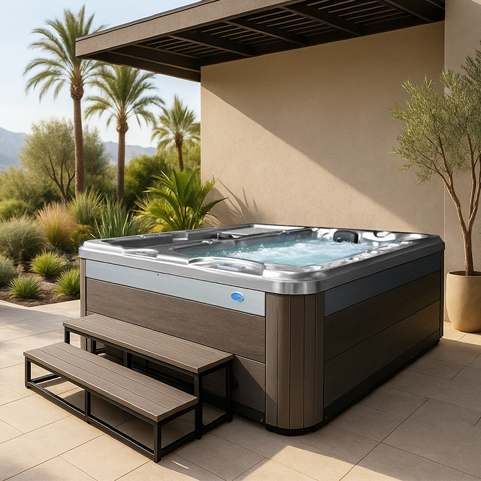 Modern hot tub on a patio beside steps, with desert landscaping and palm trees in the background