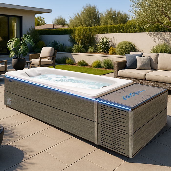 Modern outdoor patio with a rectangular hot tub, beige sectional, and landscaped yard in sunlight