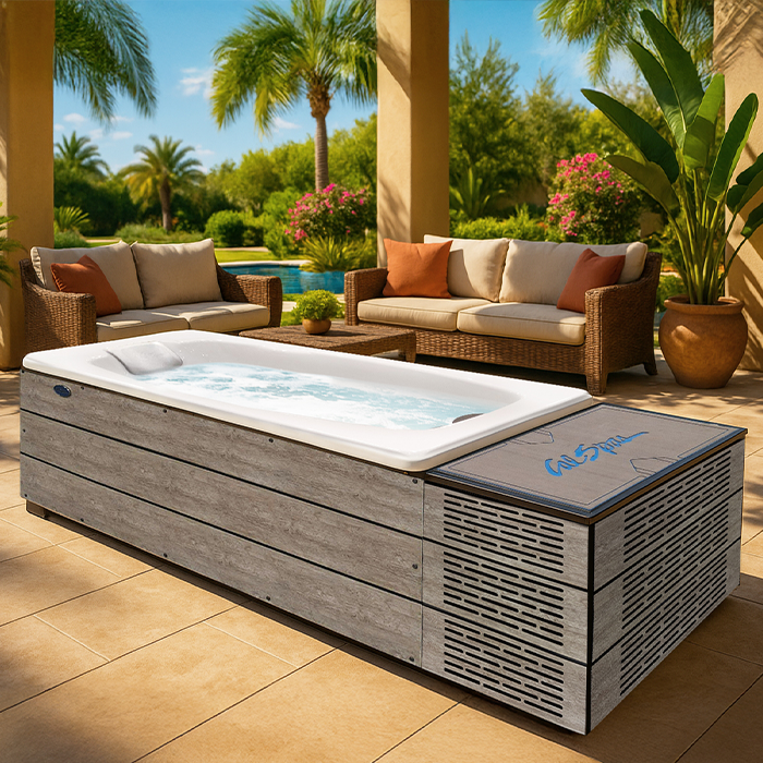 Modern outdoor patio with a wooden hot tub, wicker seating, and tropical plants in bright sunlight