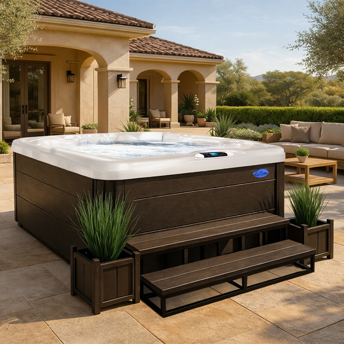 Outdoor patio with a brown hot tub, built-in steps, and seating beside a stucco house