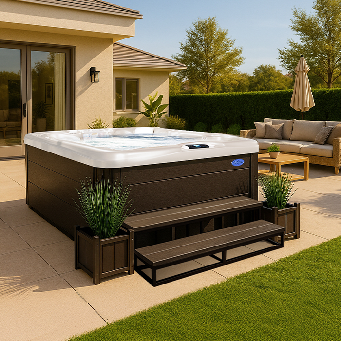 Backyard patio with a square hot tub, wooden steps, lounge seating, and greenery