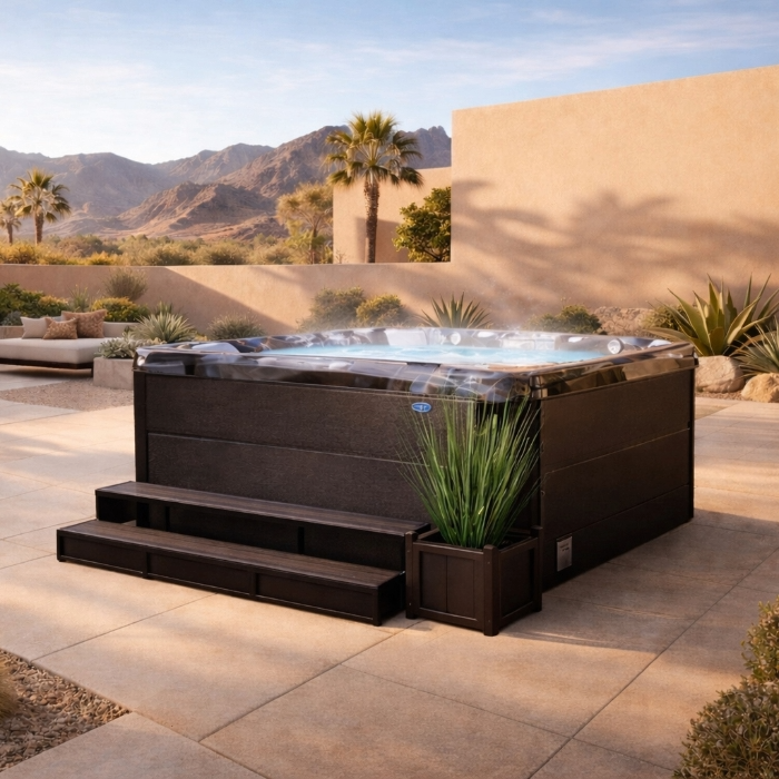 Black outdoor hot tub on a desert patio with mountains and palm trees in the background