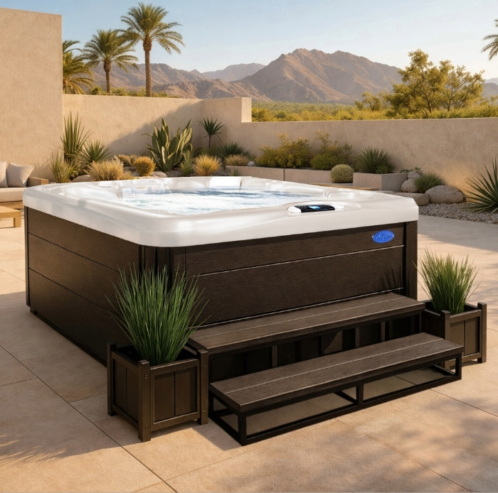 Brown outdoor hot tub with steps in a desert patio, backed by palm trees and mountains
