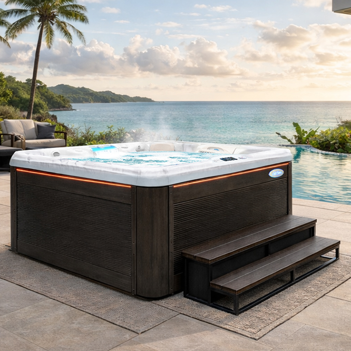 Outdoor hot tub on a patio beside an infinity pool overlooking a tropical beach at sunset