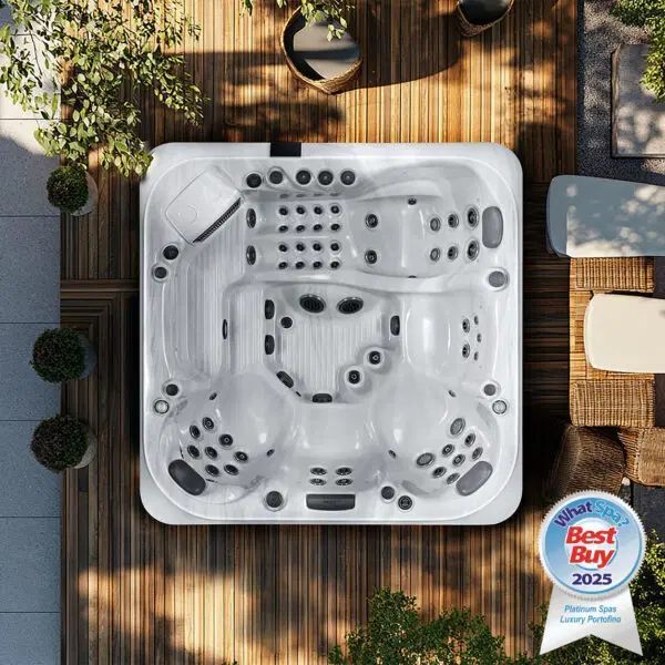 Top-down view of a white rectangular hot tub on a wooden deck with a 2025 Best Buy award seal in the corner.