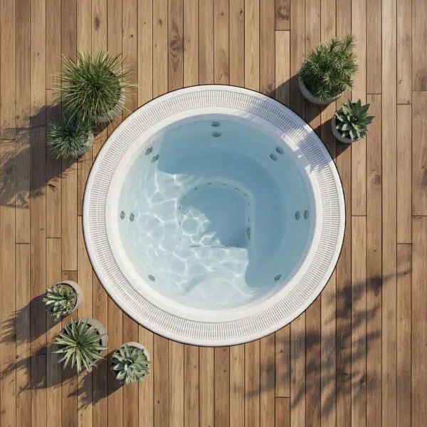 A circular hot tub centered on a wooden deck, surrounded by several small potted plants in an overhead view.