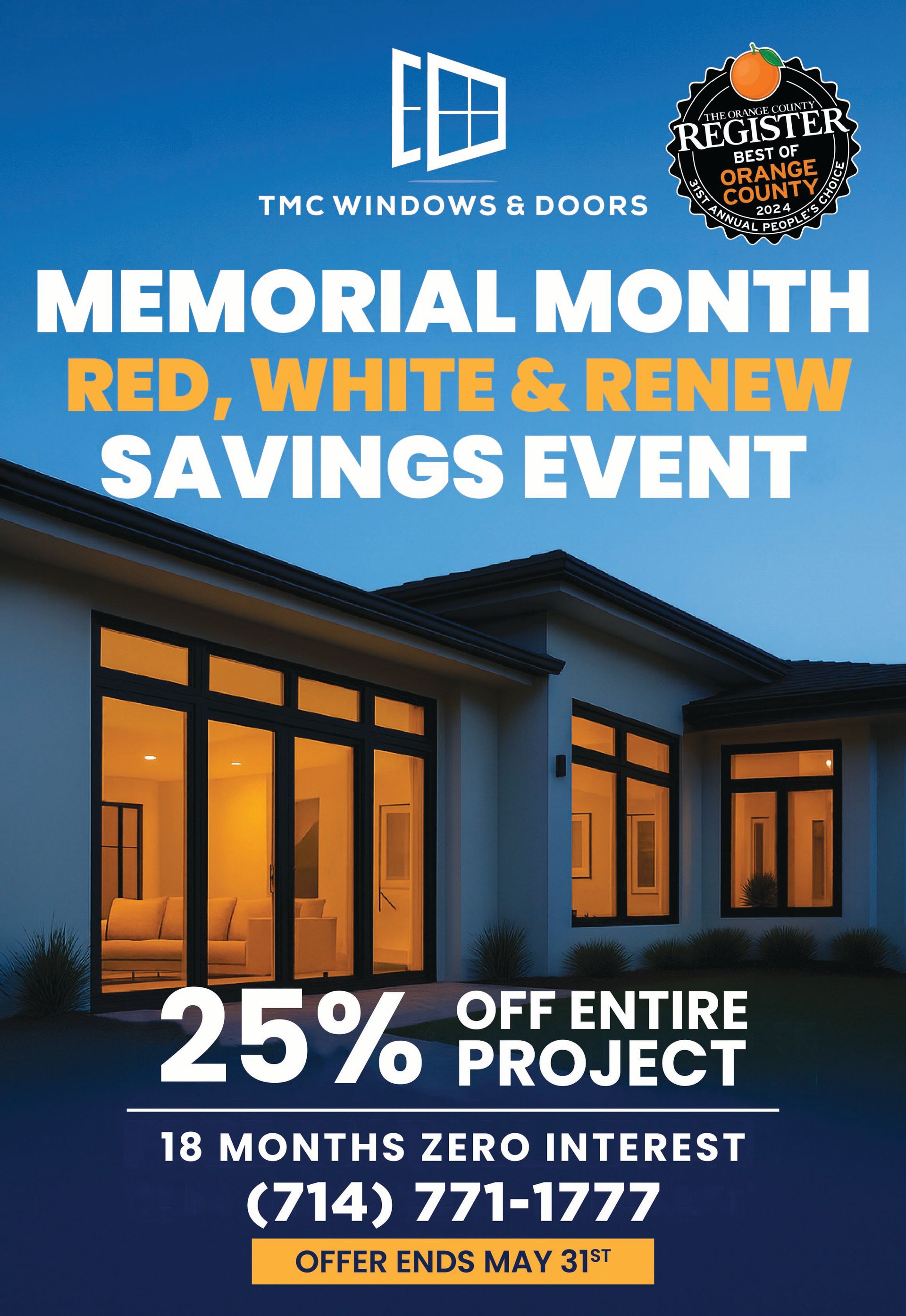 Advertisement for TMC Windows & Doors: 25% off entire project, 18 months zero interest, March Madness home upgrade sales event.