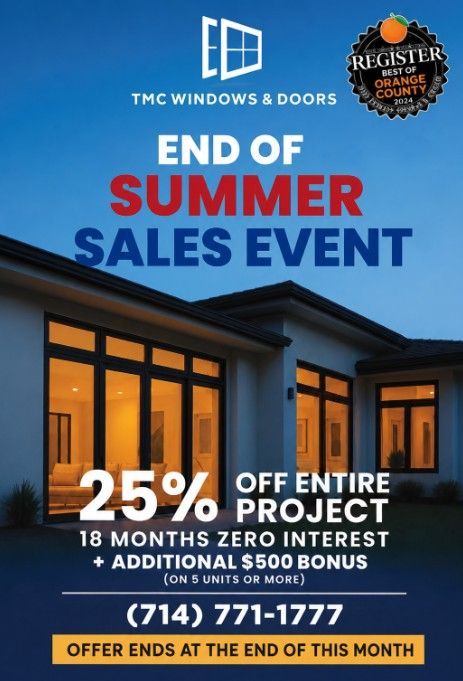 Advertisement for TMC Windows & Doors: 25% off entire project, 18 months zero interest, March Madness home upgrade sales event.