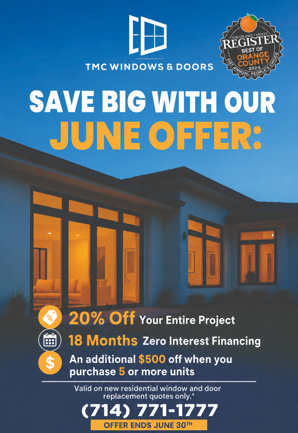 Advertisement for TMC Windows & Doors: 25% off entire project, 18 months zero interest, March Madness home upgrade sales event.