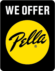 The pella logo is yellow and black and says `` we offer pella ''.