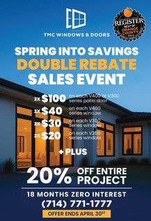 Advertisement for TMC Windows & Doors: 25% off entire project, 18 months zero interest, March Madness home upgrade sales event.