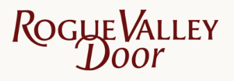 The logo for rogue valley door is on a white background.