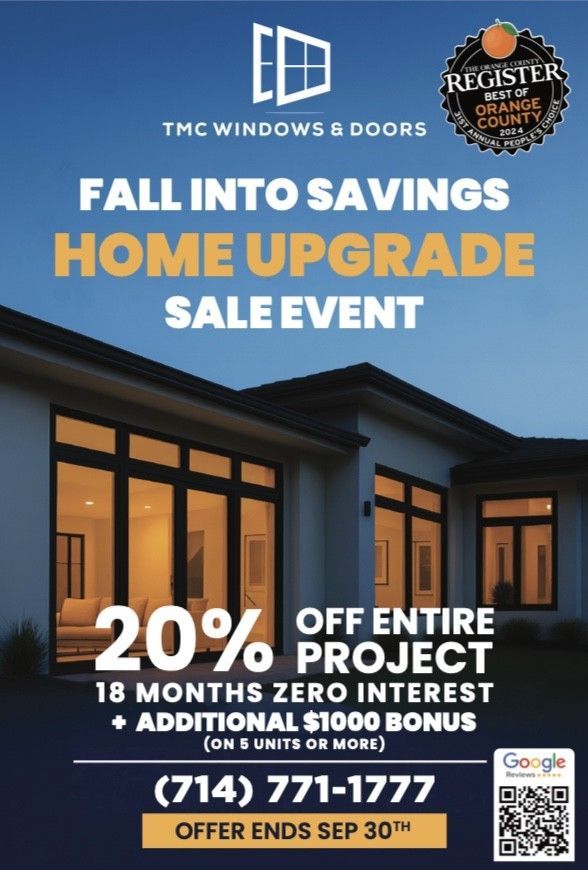 Advertisement for TMC Windows & Doors: 25% off entire project, 18 months zero interest, March Madness home upgrade sales event.