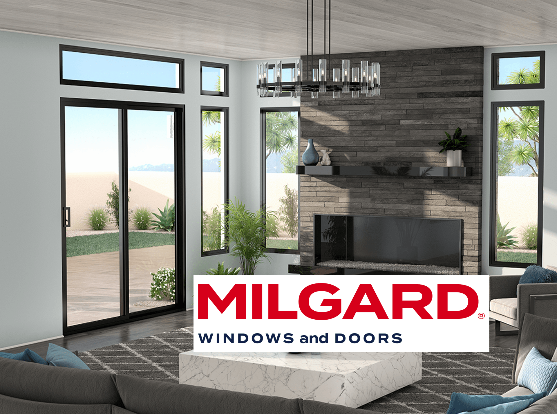A living room with a fireplace and a milgard logo on the wall.