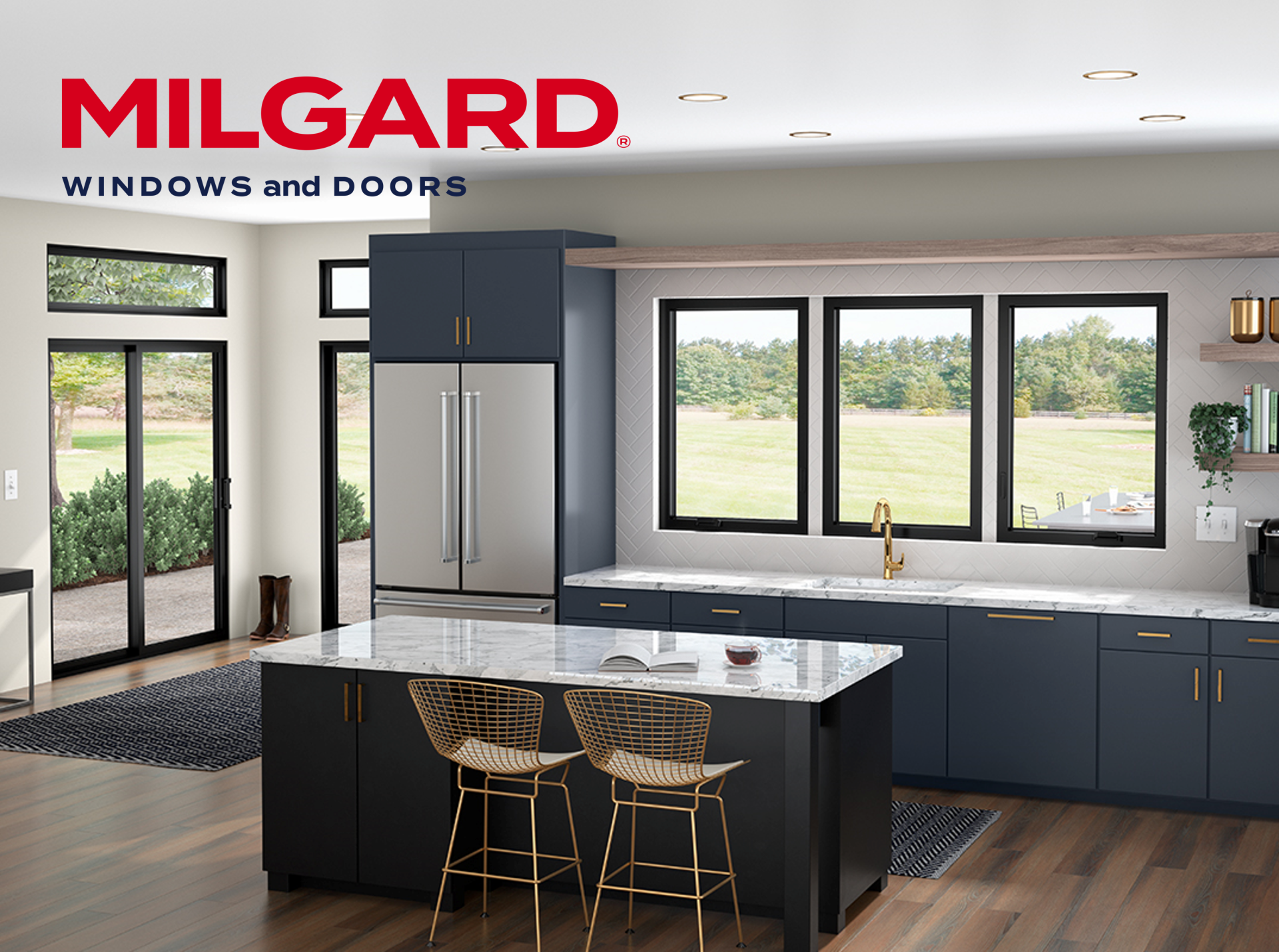 A kitchen with a lot of windows and doors from milgard