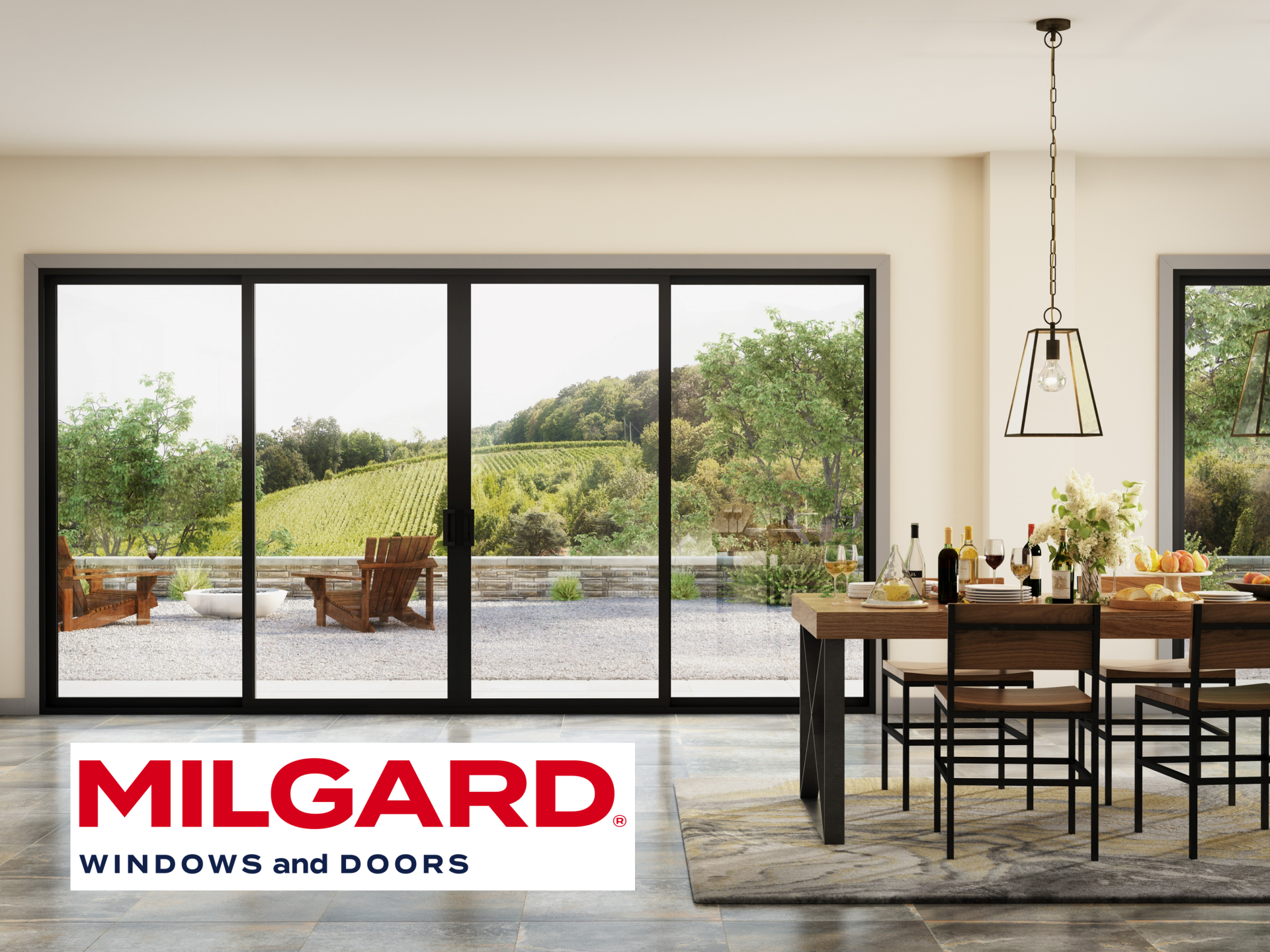 A dining room with a table and chairs and a logo for milgard windows and doors.