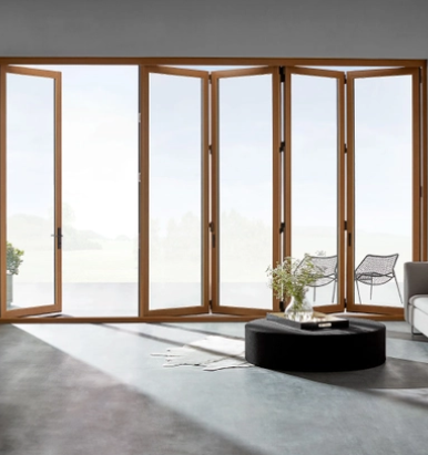 foldable glass doors with wooden frame