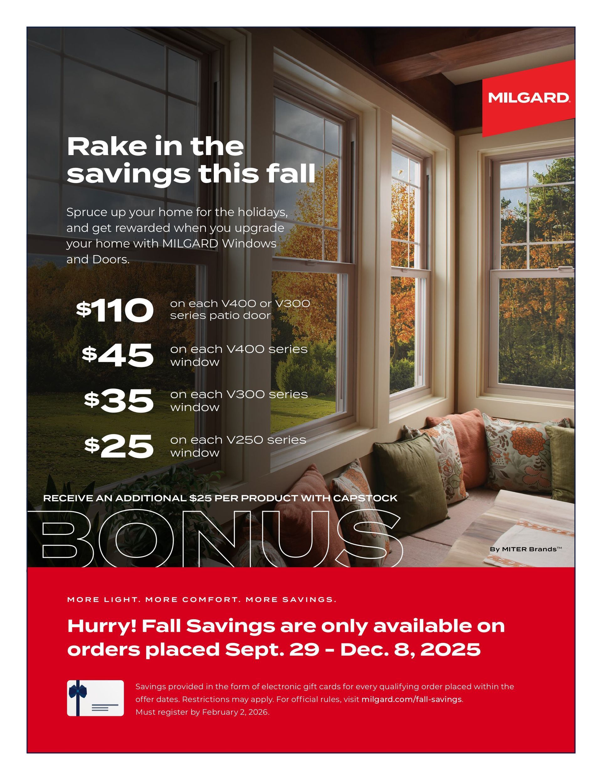 Ad for Hilgard windows: Fall savings promotion. Text and images of windows with fall scenery.