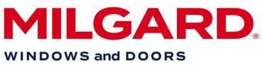 The logo for milgard windows and doors is red and blue.