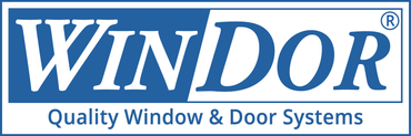 A blue and white logo for windor quality window and door systems