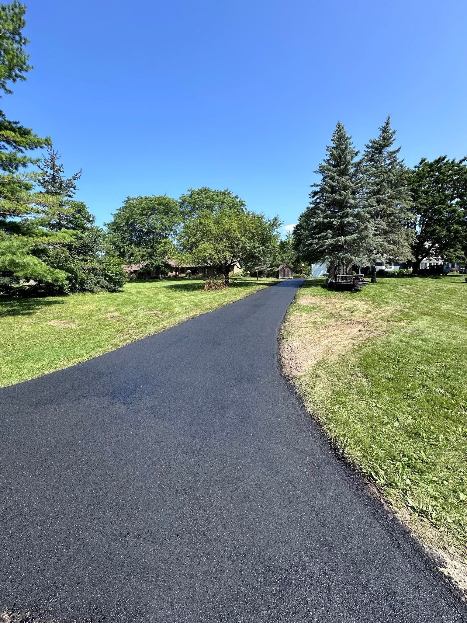 A black road going through a grassy field with trees on both sides.