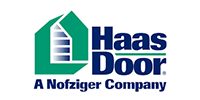 Logo for Haas Door, a Noffziger Company, featuring a green house shape with a door design and the name in dark blue.