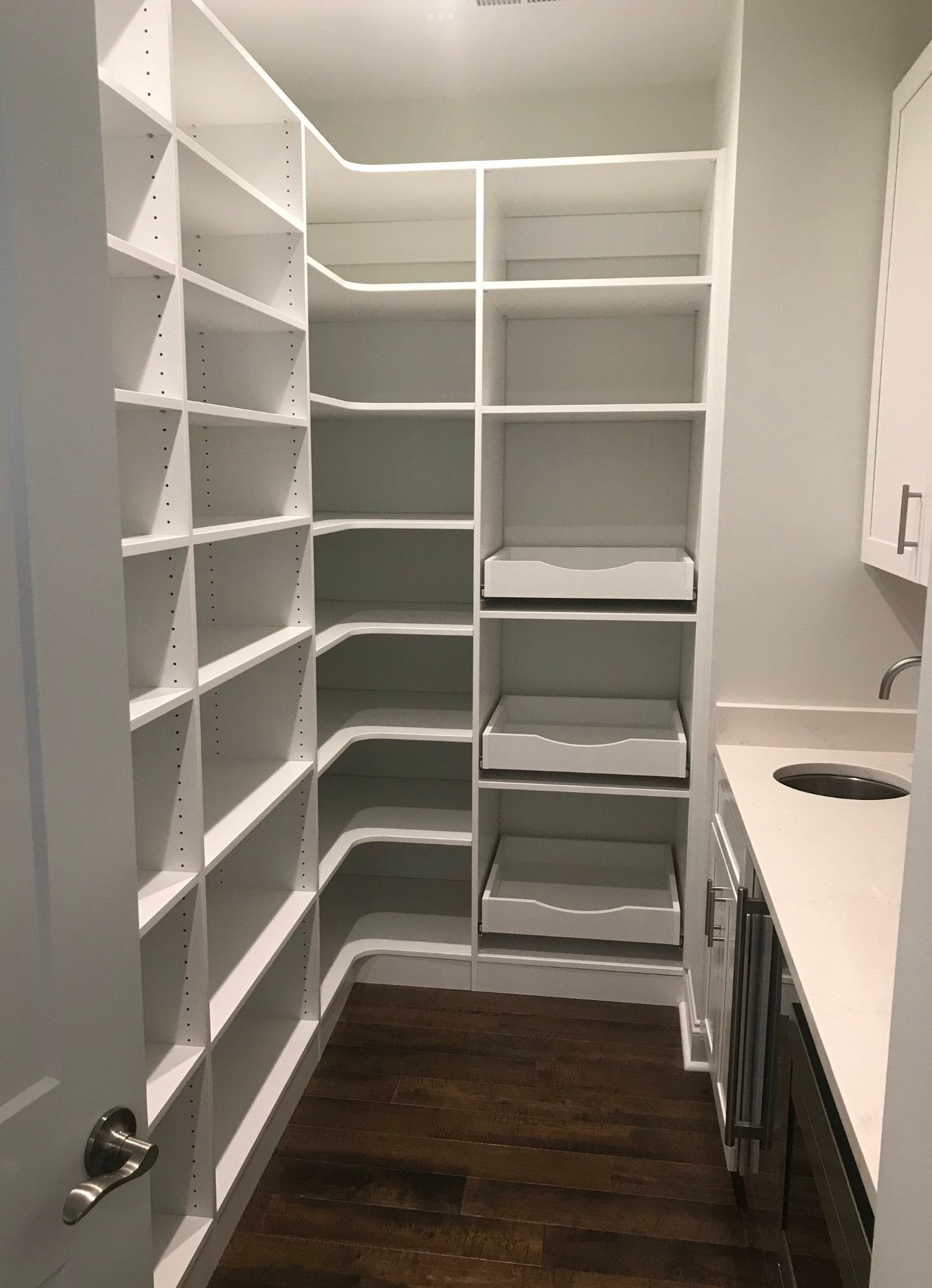 A pantry with lots of shelves and drawers in a kitchen.