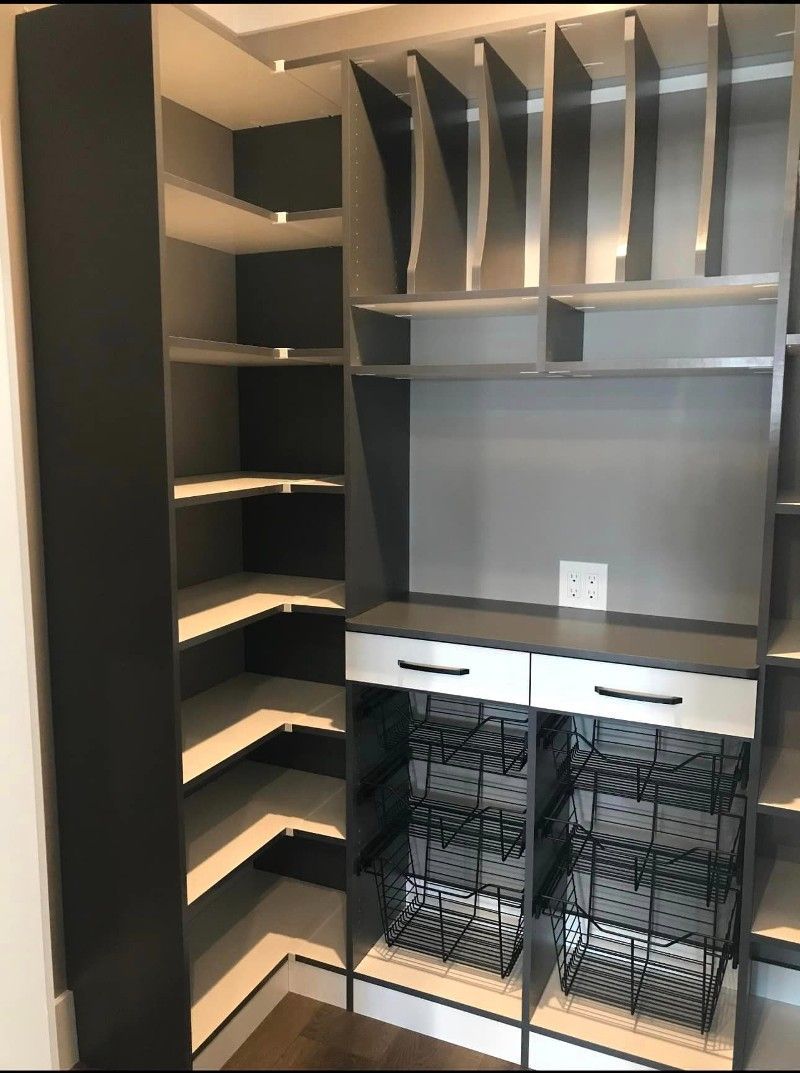 A walk in closet with lots of shelves and drawers