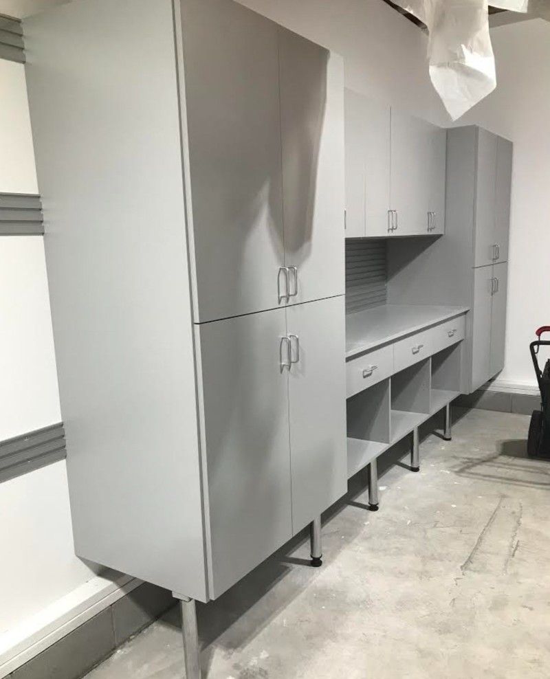 A garage with a lot of cabinets and drawers.