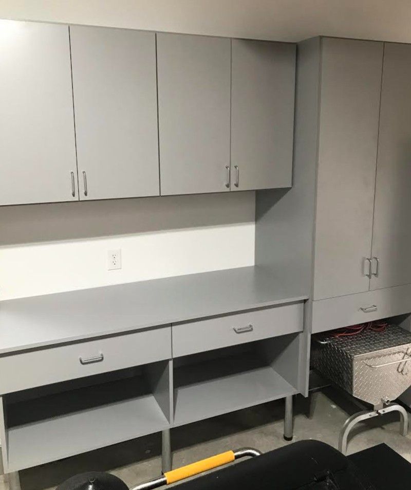 A room with a desk and cabinets in it