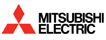 The logo for mitsubishi electric is red and black with a diamond in the middle.