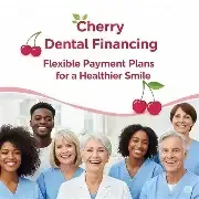 Marketing graphic for Cherry Dental Financing with cherry icons and a diverse group of smiling medical professionals.