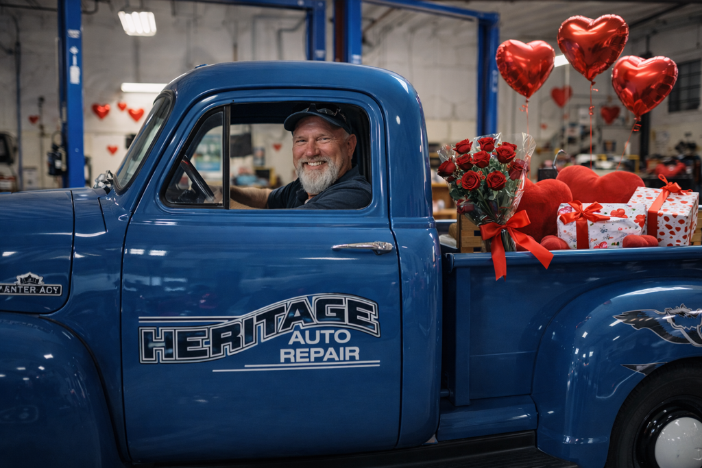 Blue Heritage Auto Repair pickup with an older man and red balloons in the truck bed.