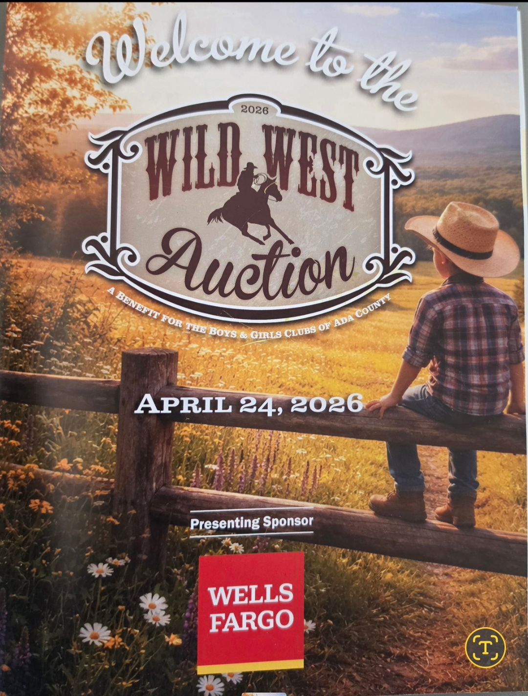 “Welcome to the Wild West Auction” poster with child on fence at sunset, April 24, 2026, Wells Fargo branding.