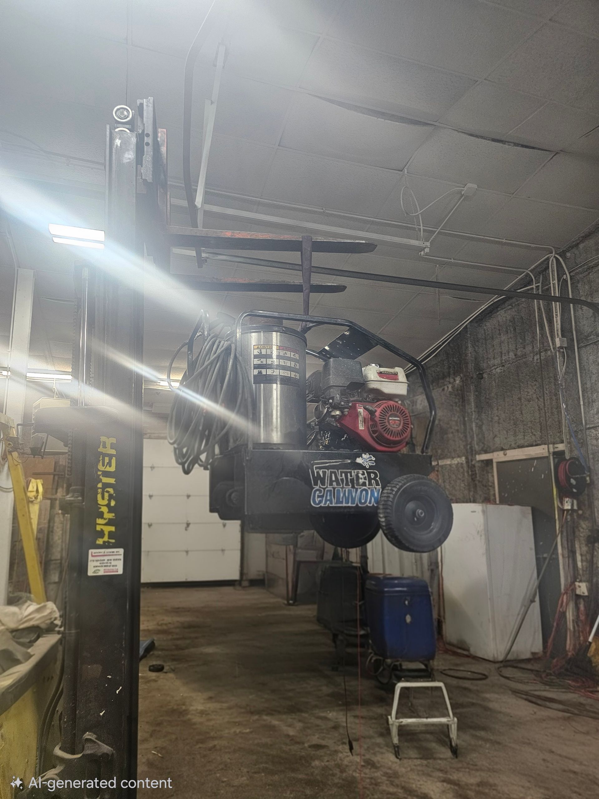 Pressure washer on a lift in a garage.
