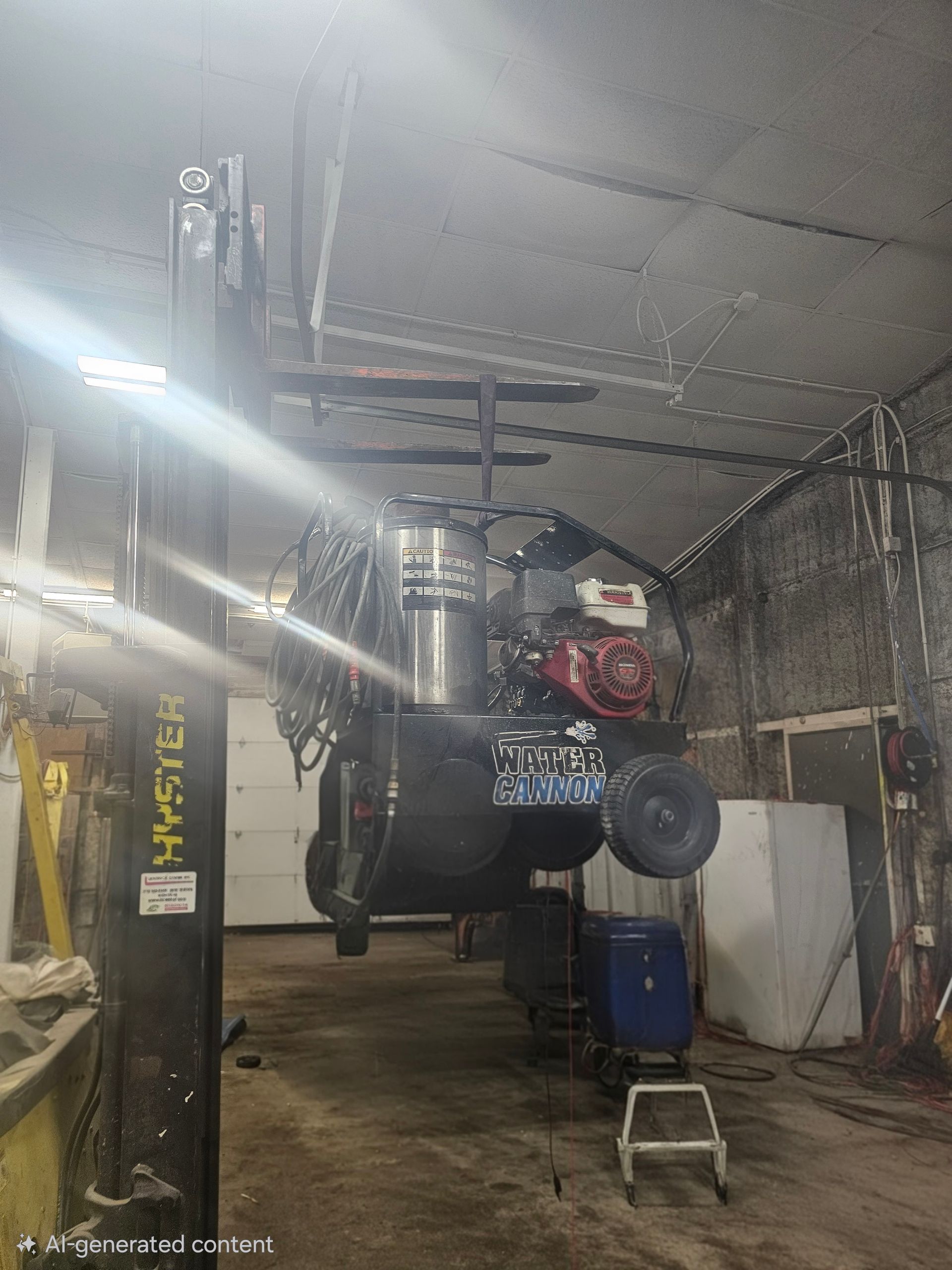 Pressure washer suspended from a lift inside a garage.