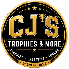 CJ's Trophies & More logo in gold and black