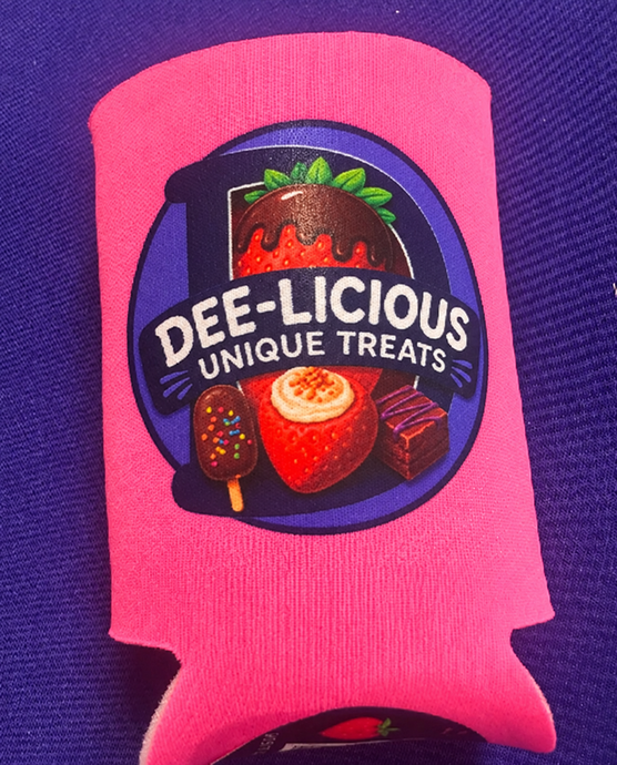 Pink can with DEE-LICIOUS UNIQUE TREATS label and fruit graphics