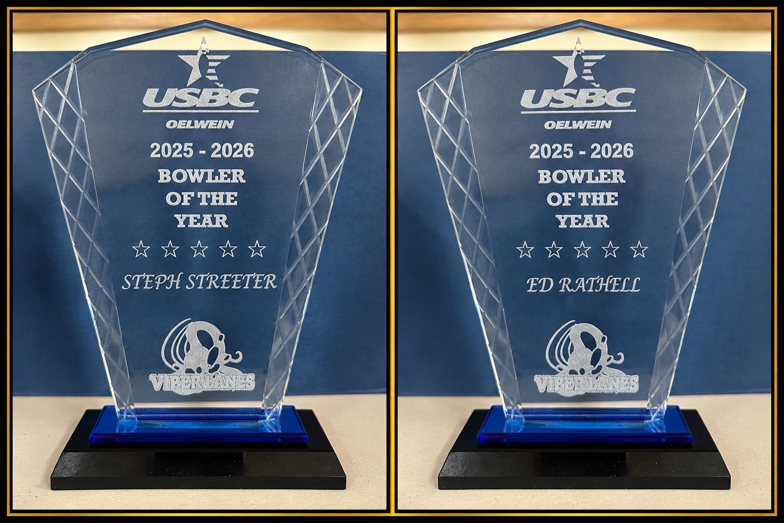 Two clear glass bowling awards on black bases with blue accents, labeled 2025–2026 Bowler of the Year.
