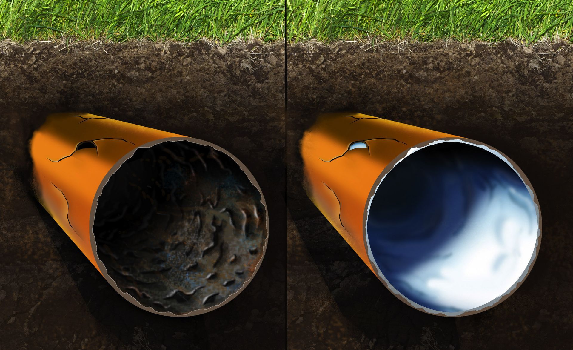 Comparison of a dirty and clean pipe. The left side shows a clogged pipe, the right side a clear pipe.