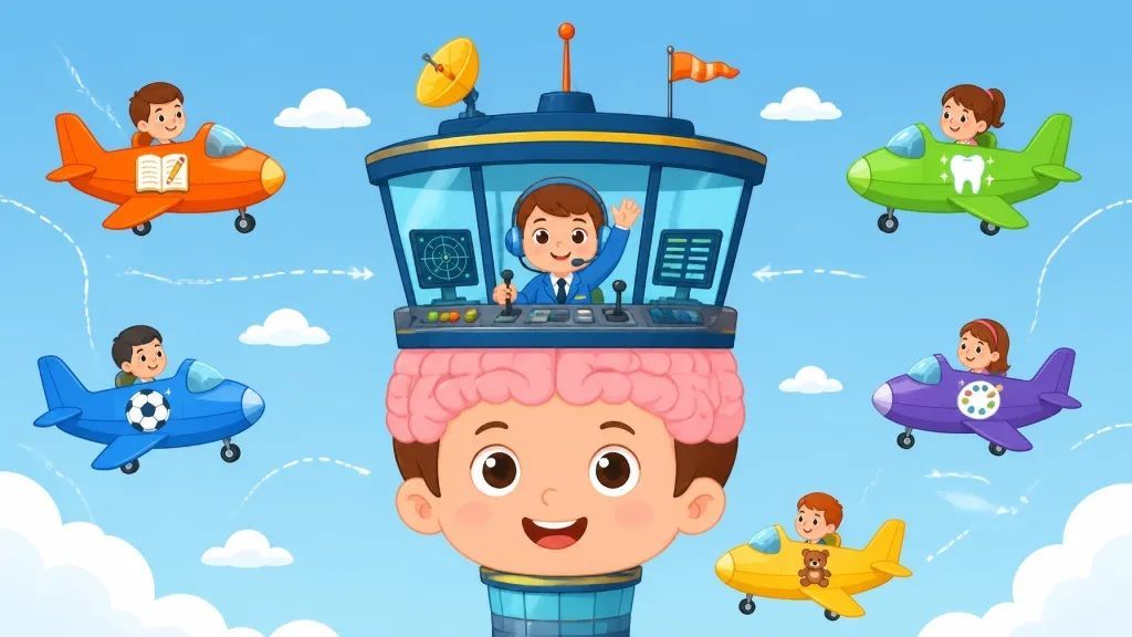 Cartoon child in a pink brain-shaped head pilot’s cockpit, surrounded by colorful flying planes in a blue sky