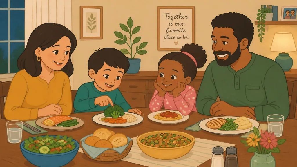 Family sharing a meal at a dining table, smiling and talking in a cozy kitchen.