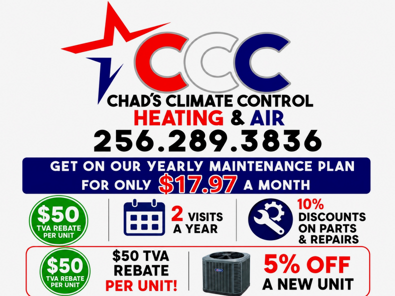 Chads Climate Control Heating & Air ad with phone number, maintenance plan, rebates, discounts, and AC unit image