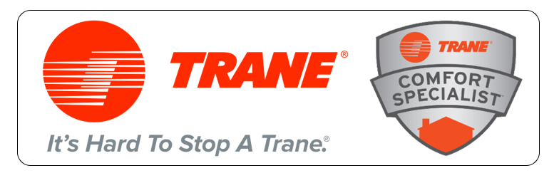 Trane logo with “It’s Hard to Stop a Trane” slogan and Comfort Specialist badge on white background