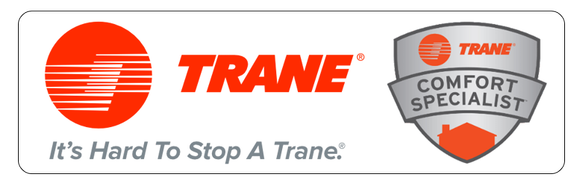 Trane logo with “It’s Hard to Stop a Trane” slogan and Comfort Specialist badge