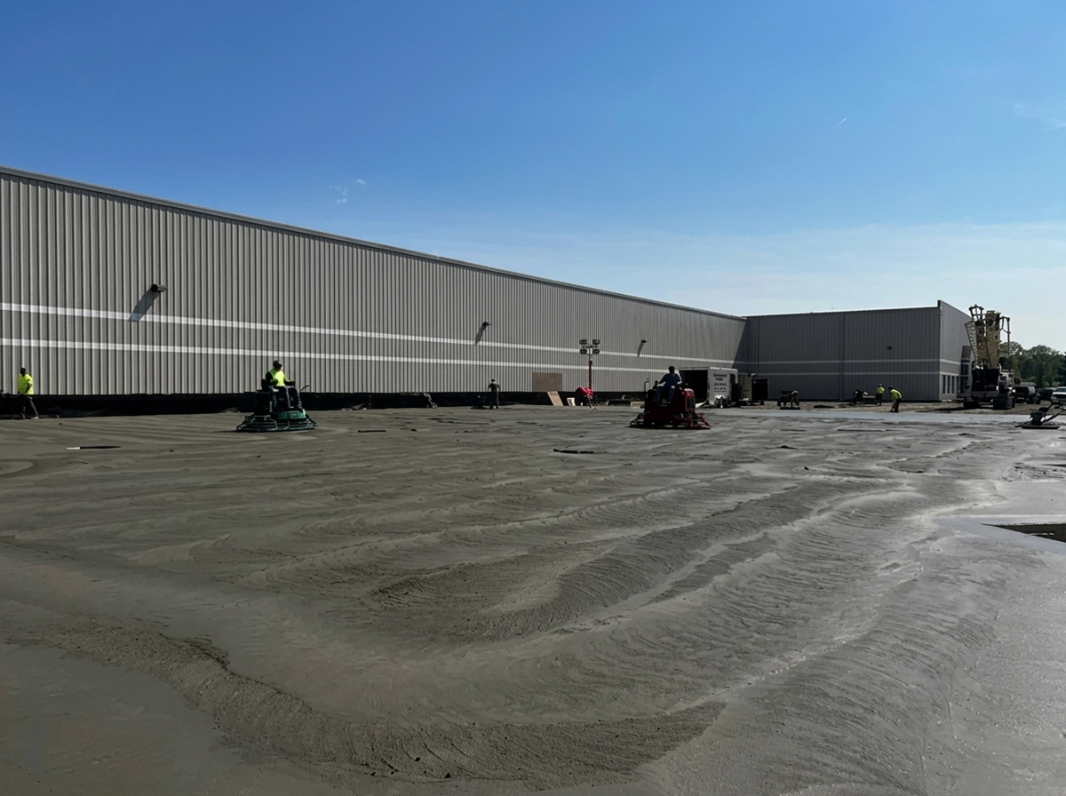Workers in high-visibility vests operating machinery beside a large warehouse on a gravel lot