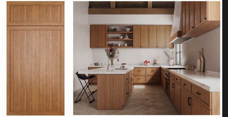 A kitchen with wooden cabinets and white counter tops
