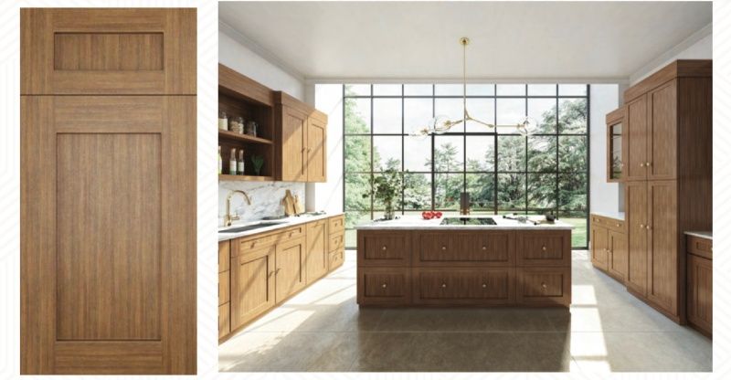 A kitchen with wooden cabinets and a large window.