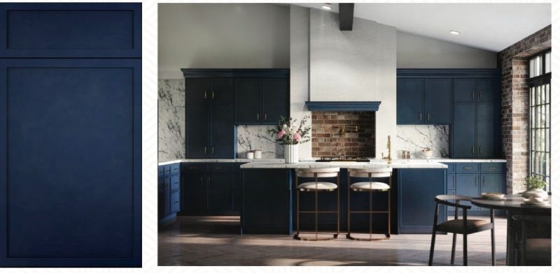 A picture of a kitchen with blue cabinets and a picture of a kitchen with white cabinets.