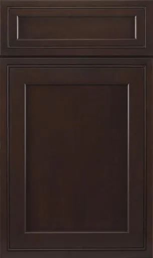 A close up of a dark wooden cabinet door on a white background.